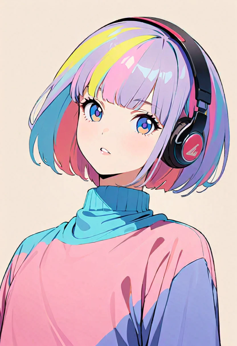 (Highest quality:1.2, City Pop Style, Very detailed, up to date, Vibrant, High Contrast, masterpiece:1.2, Highest quality, Best aesthetics), boy, ((Face Up Shot:1.4)), Colorful Hair, Bobcut, pastel colour, 1980s style, ((Retro, Vintage, Plain background))　Headphones,drawing