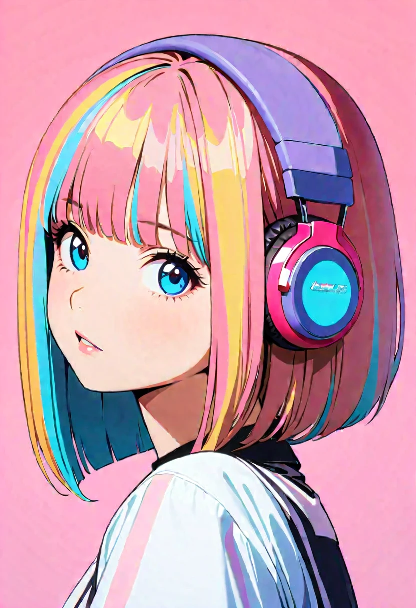 (Highest quality:1.2, City Pop Style, Very detailed, up to date, Vibrant, High Contrast, masterpiece:1.2, Highest quality, Best aesthetics), boy, ((Face Up Shot:1.4)), Colorful Hair, Bobcut, pastel colour, 1980s style, ((Retro, Vintage, Plain background))　Headphones,drawing