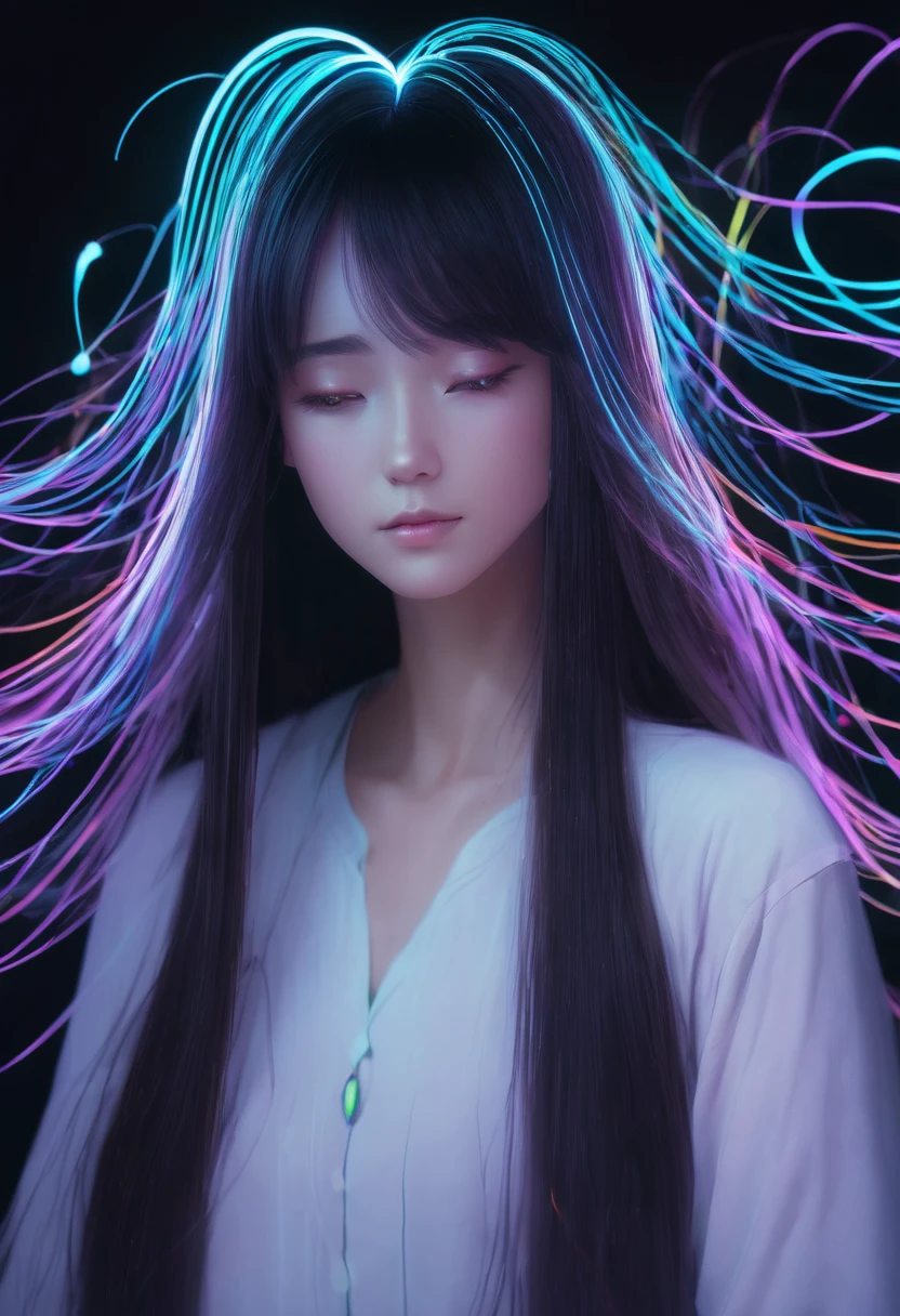 character concept design,1girl,half body,ojou-sama posture,incredibly long hair,light painting,time-lapse photography,Diffuse gradient,vertical random light line,colorful heart，A picture made of glowing lines