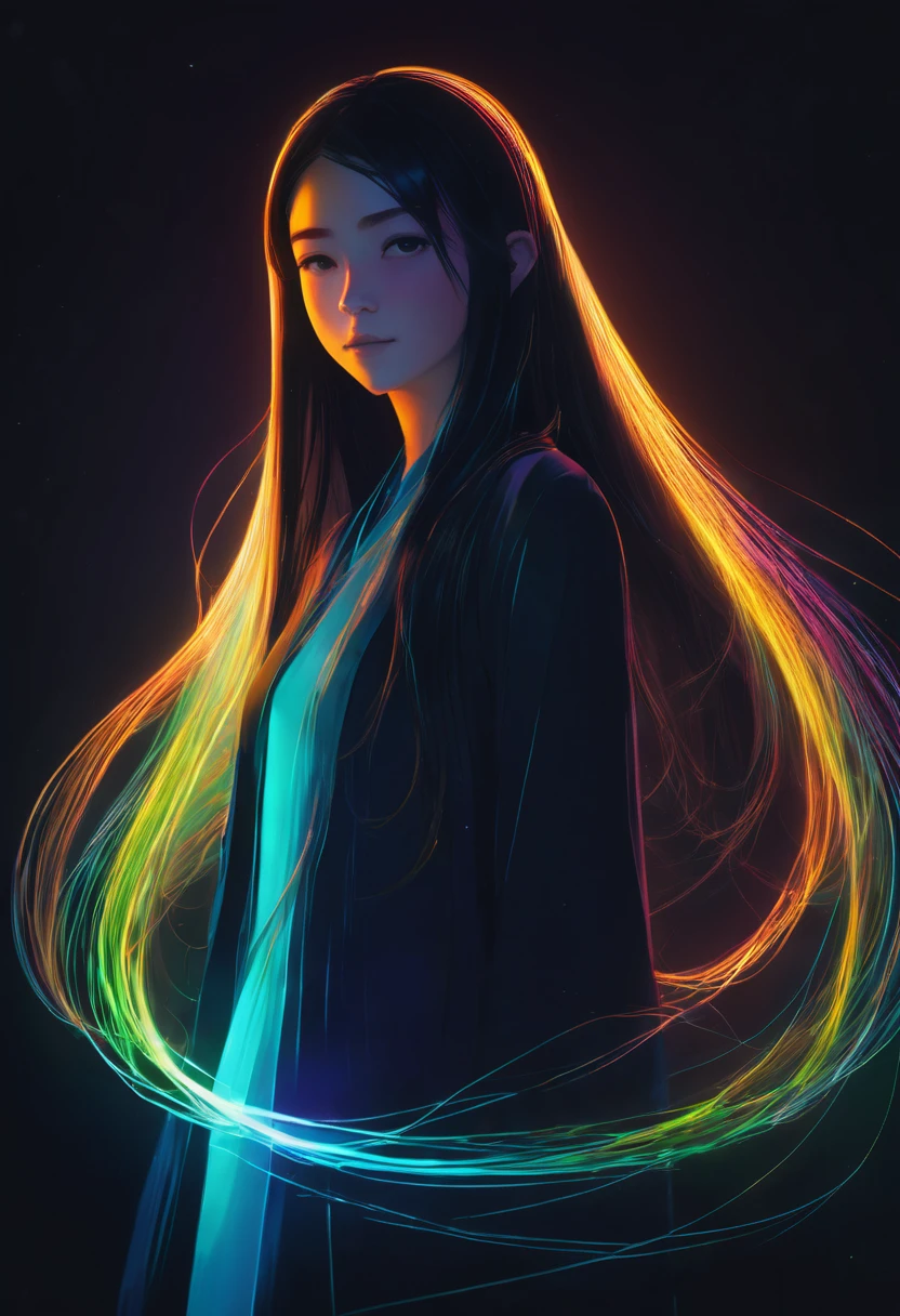 character concept design,1girl,half body,ojou-sama posture,incredibly long hair,light painting,time-lapse photography,Diffuse gradient,vertical random light line,colorful heart，A picture made of glowing lines