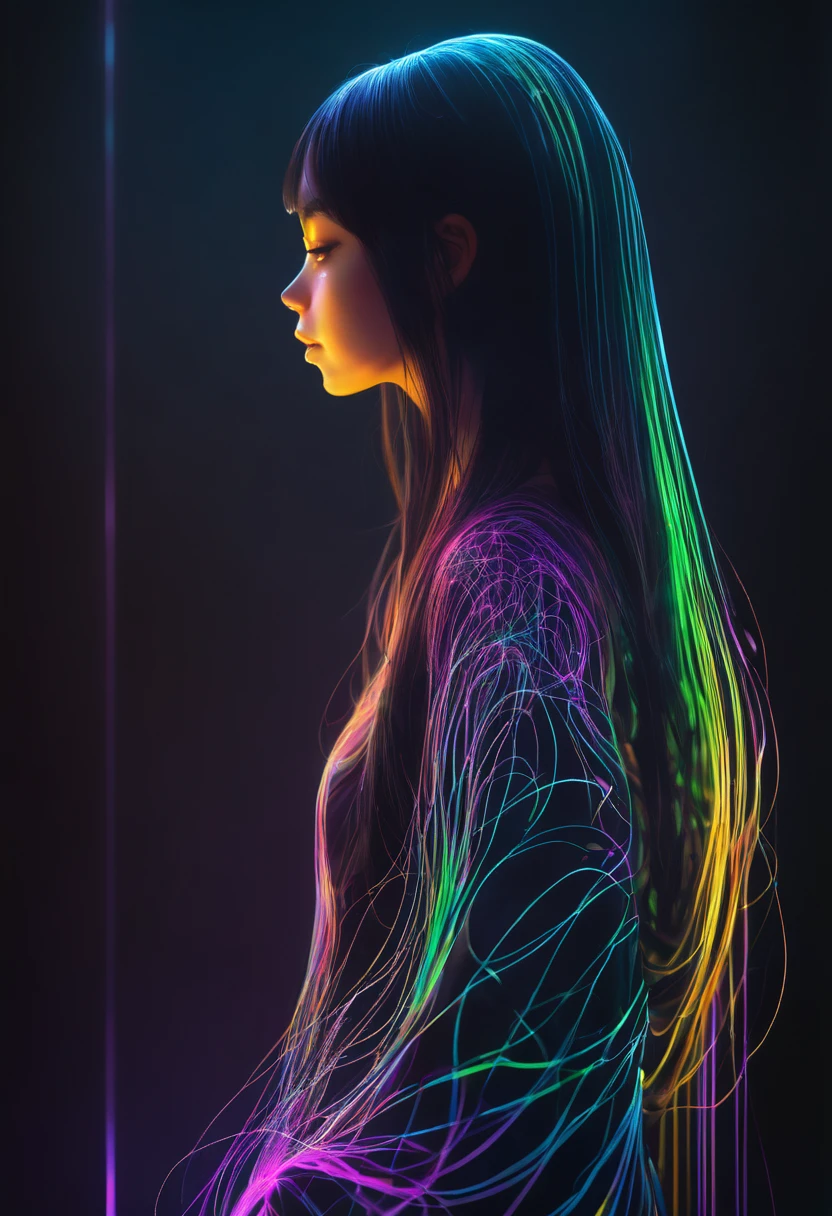 character concept design,1girl,half body,ojou-sama posture,incredibly long hair,light painting,time-lapse photography,Diffuse gradient,vertical random light line,colorful heart，A picture made of glowing lines