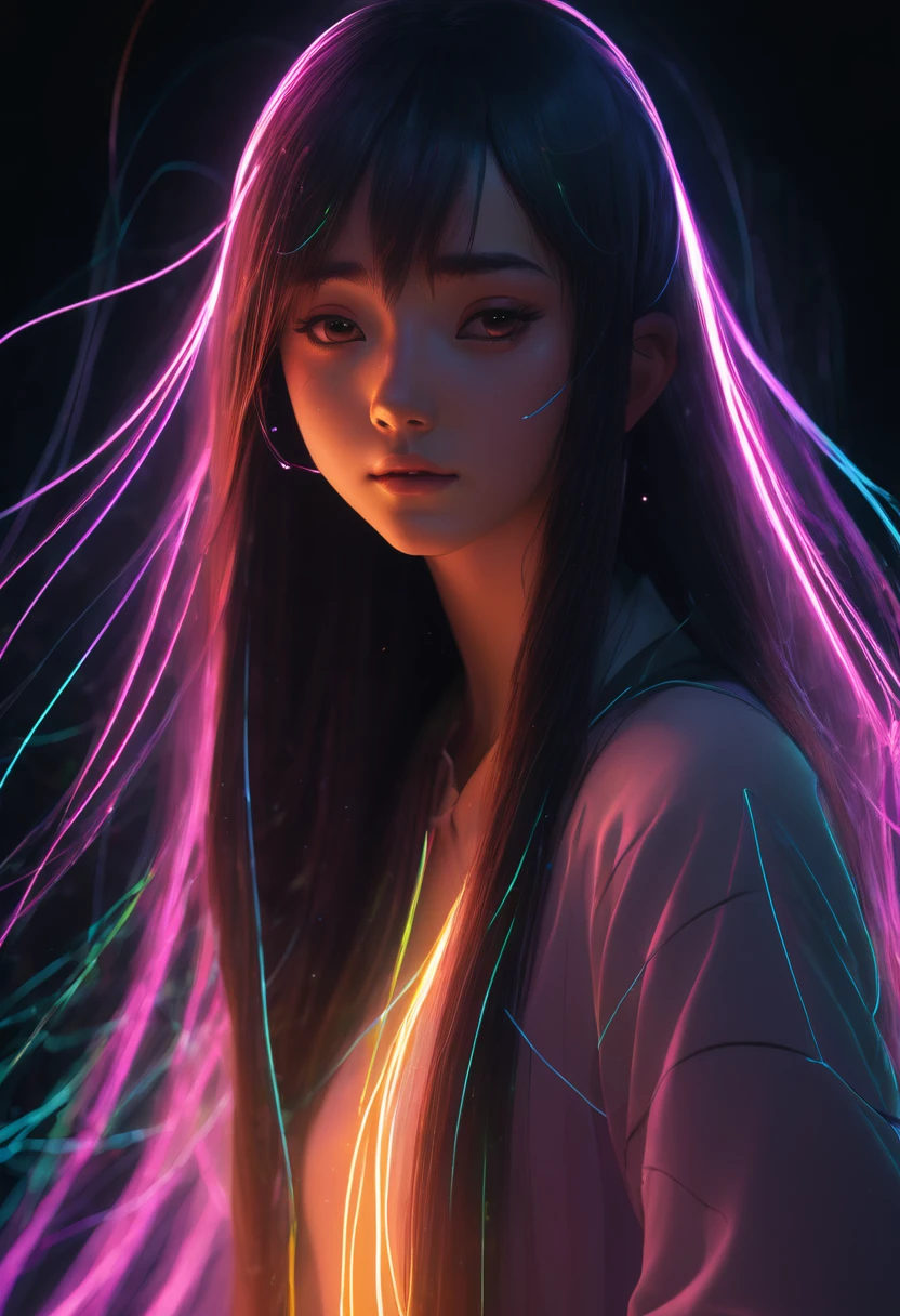 character concept design,1girl,half body,ojou-sama posture,incredibly long hair,light painting,time-lapse photography,Diffuse gradient,vertical random light line,colorful heart，A picture made of glowing lines