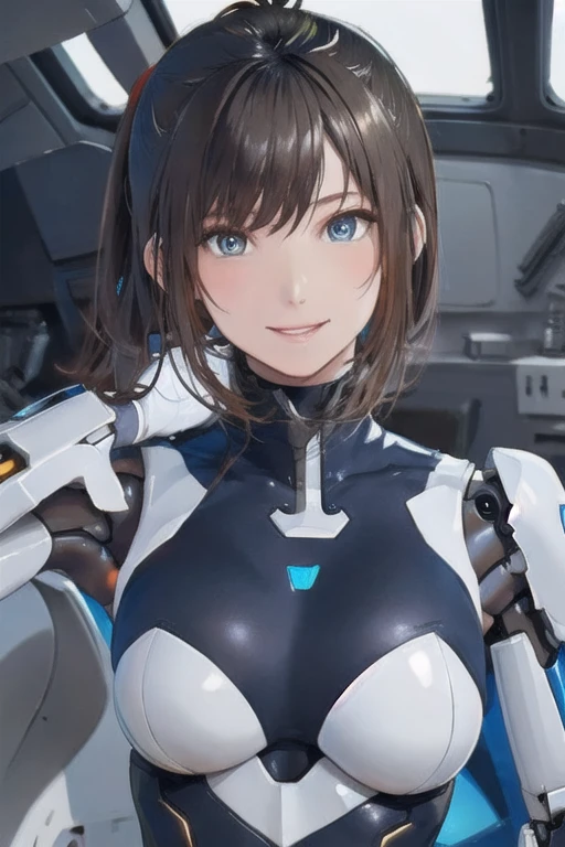 Highest quality, 4K, masterpiece, beautiful, Robot Girl、 Beautiful face、smile、blush、Light-colored lips、Dark brown hair、ponytail、 White body、Blue part on the body、Light、青いLight、Robot Arm、Robot Body、 Cyborg Body、 Intricate detailed joints、 Fine Lines,、Colored Robot Parts、Place々The mechanical part can be seen、General body shape、In a spaceship with many instruments