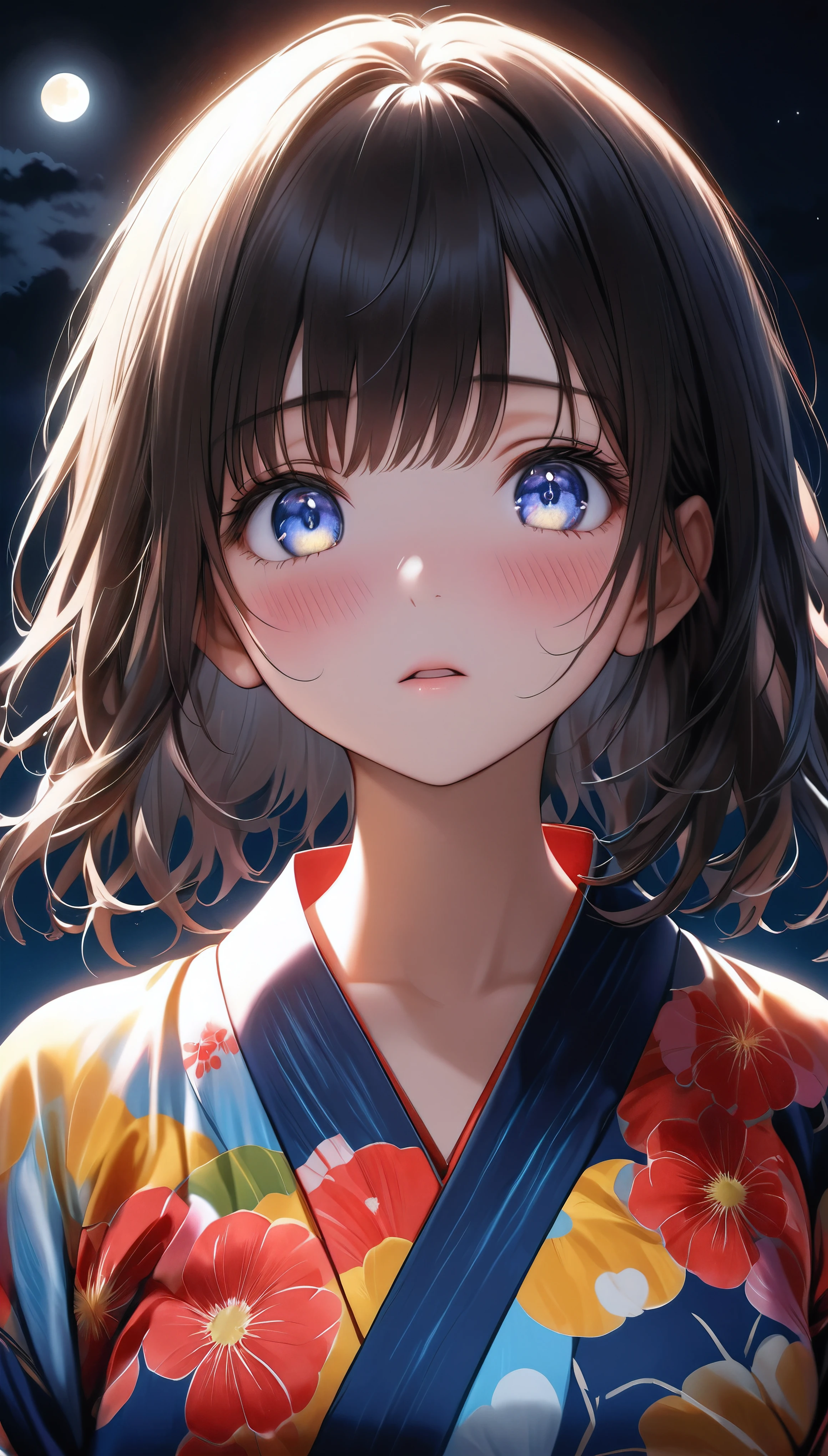 Ultra-realism, Confession in the Moonlight, A girl in a colorful yukata, Announce to the viewers, Staring at me with clear, aesthetic eyes, blush, nervous, Cute upward glance, One big full moon, Very dark night, BREAK Backlight, Underexposed, Unrecognizable facial expression, Aesthetic presentation of moonlight, Dramatic Shadows, Look at me, ずっとあなたのことが好きでした❤️,