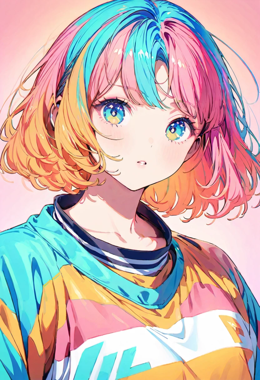 (Highest quality:1.2, City Pop Style, Very detailed, up to date, Vibrant, High Contrast, masterpiece:1.2, Highest quality, Best aesthetics), boy, ((Face Up Shot:1.4)), Colorful Hair, Bobcut, pastel colour, 1980s style, ((Retro, Vintage, Plain background))　