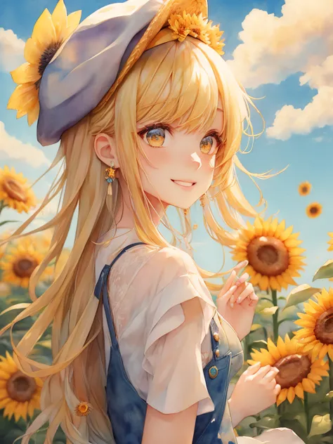 , ((beret)), solo, yellow hair, long hair, light blue pinafore, smile, blue sky, in a sunflower field, (surrounded by sunflowers...