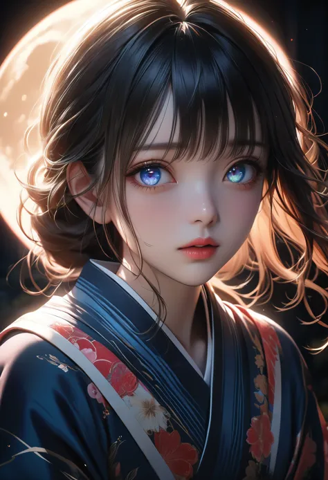 a beautiful girl in a vibrant kimono confessing her love under the light of a large full moon, her face flushed with nervousness...