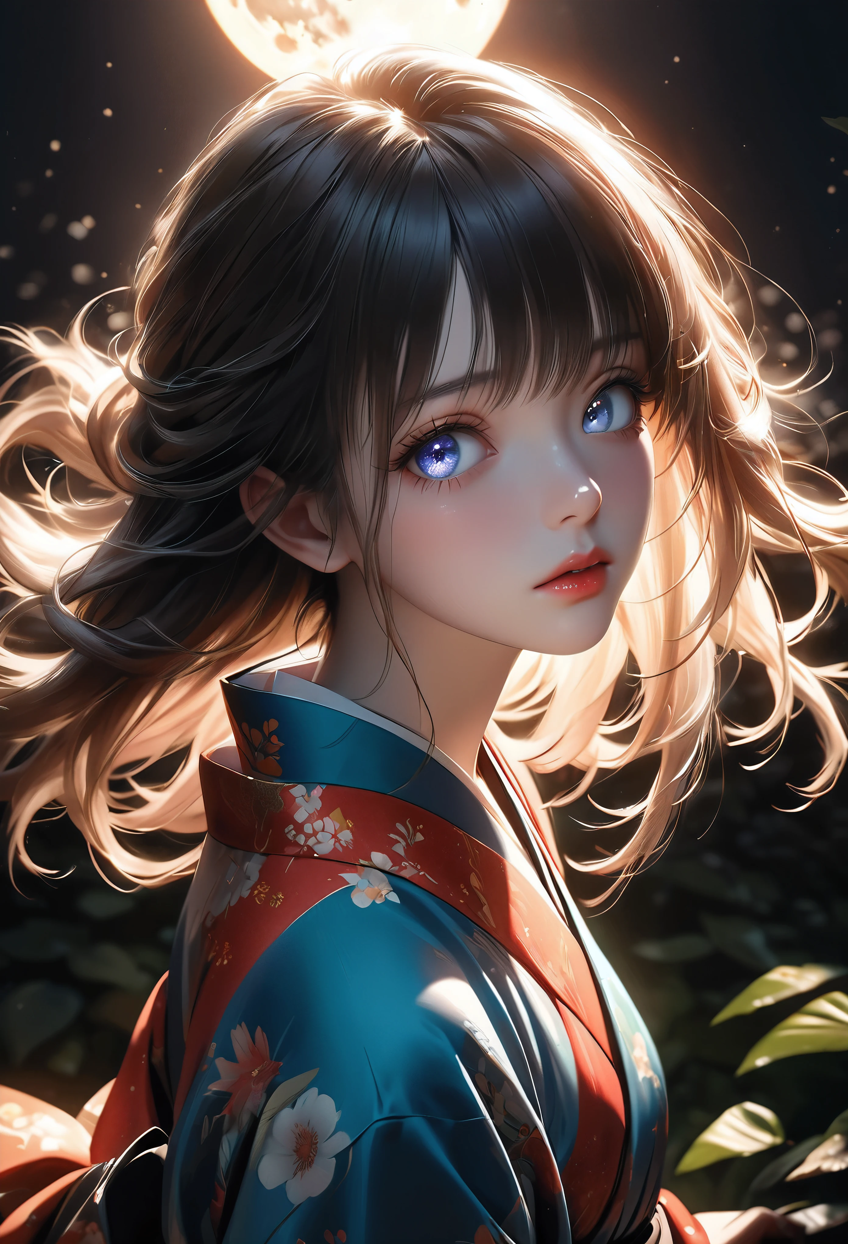 a beautiful girl in a vibrant kimono confessing her love under the light of a large full moon, her face flushed with nervousness and shyness, gazing up with large, captivating eyes, dramatic shadows and backlighting, (best quality,4k,8k,highres,masterpiece:1.2),ultra-detailed,(realistic,photorealistic,photo-realistic:1.37),dramatic lighting,stunning detailed eyes,extremely detailed face,flawless skin,long eyelashes,detailed lips,soft lighting,cinematic,romantic,emotional,radiant colors,glowing moon,dark night,reverse backlighting,underexposed,unreadable expression,moonlit aesthetic,dramatic shadows,looking directly at viewer,I've always loved you❤️,(shot from above:1.37), ずっとあなたのことが好きでした❤️