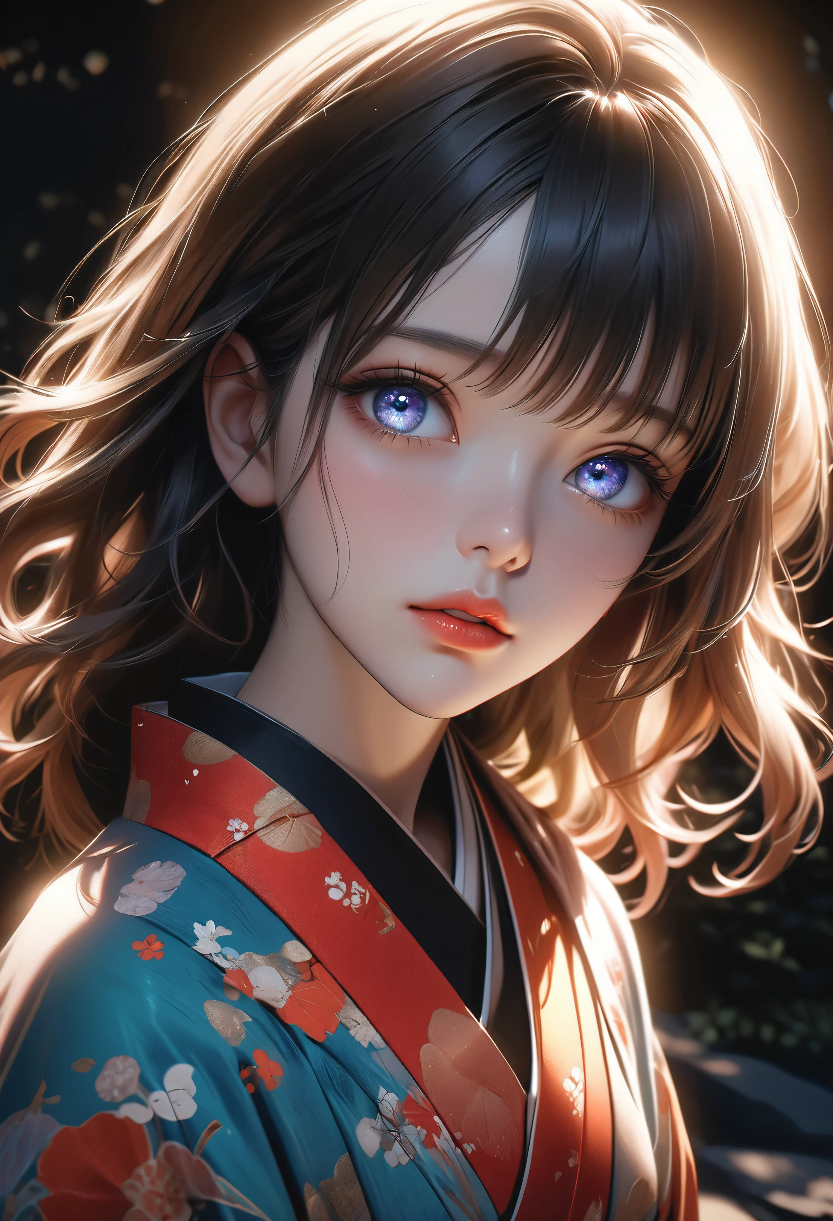 a beautiful girl in a vibrant kimono confessing her love under the light of a large full moon, her face flushed with nervousness and shyness, gazing up with large, captivating eyes, dramatic shadows and backlighting, (best quality,4k,8k,highres,masterpiece:1.2),ultra-detailed,(realistic,photorealistic,photo-realistic:1.37),dramatic lighting,stunning detailed eyes,extremely detailed face,flawless skin,long eyelashes,detailed lips,soft lighting,cinematic,romantic,emotional,radiant colors,glowing moon,dark night,reverse backlighting,underexposed,unreadable expression,moonlit aesthetic,dramatic shadows,looking directly at viewer,I've always loved you❤️,(shot from above:1.37)