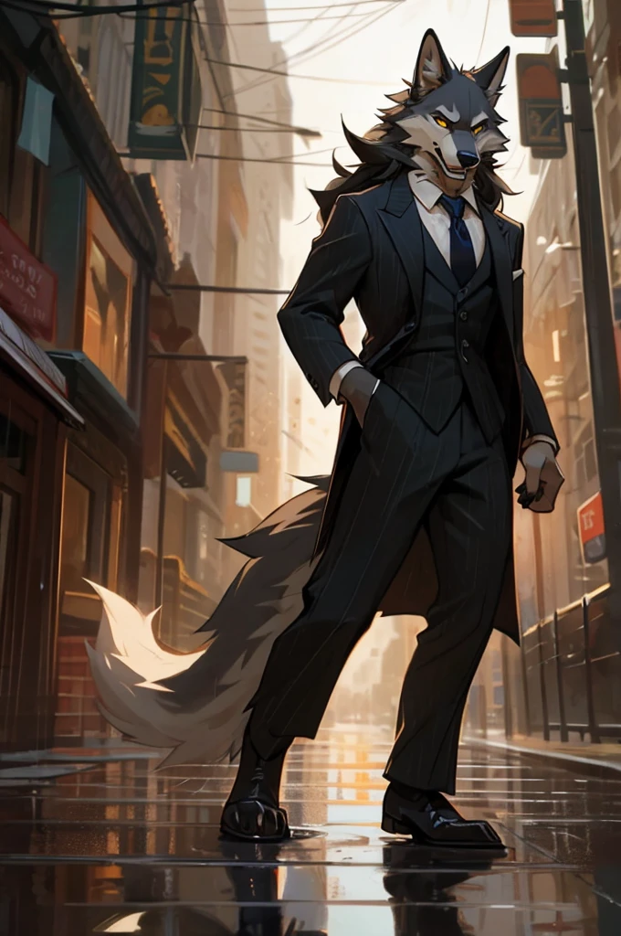 furry, anthro, wolf, wolf ears, fluffy wolf tail, (grey and white fur), long black curly hair, messy fur, neck floof, sharp yellow eyes, razor sharp teeth, slim body, handsome, sexy, slender, wearing a black wide brimmed hat, pinstripe suit and black dress shoes, mobster, walking, 1930's american town background, midnight, raining, ((best quality, 4K, UHD, masterpiece, digitigrade stance)), alone, 