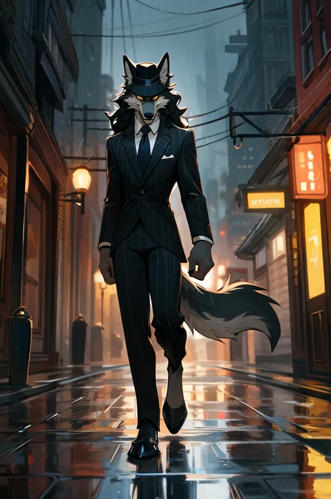 furry, anthro, wolf, wolf ears, fluffy wolf tail, (grey and white fur), long black curly hair, messy fur, neck floof, sharp yellow eyes, razor sharp teeth, slim body, handsome, sexy, slender, wearing a black wide brimmed hat, pinstripe suit and black dress shoes, mobster, walking, 1930's american town background, midnight, raining, ((best quality, 4K, UHD, masterpiece, digitigrade stance)), alone, 