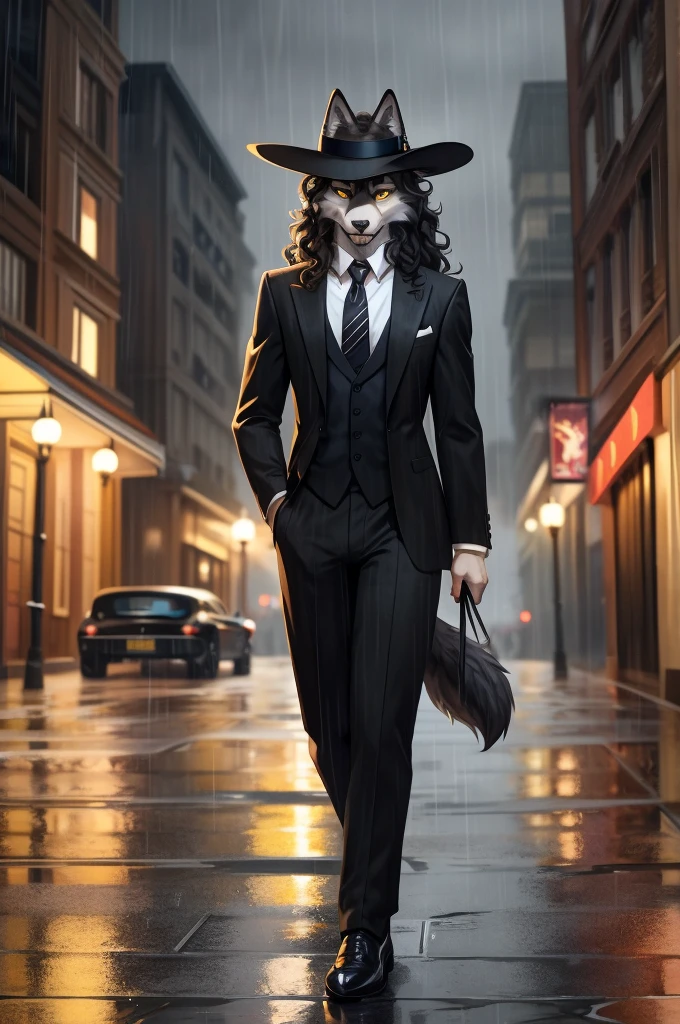 furry, anthro, wolf, wolf ears, fluffy wolf tail, (grey and white fur), long black curly hair, hair covering one eye, messy fur, neck floof, sharp yellow eyes, razor sharp teeth, slim body, handsome, sexy, hourglass body, wearing a black wide brimmed hat, pinstripe suit and black dress shoes, mobster, walking, 1930's american town background, midnight, raining, ((best quality, 4K, UHD, masterpiece,)), alone, 