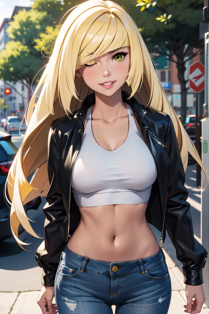 (Masterpiece), Best Quality, ultra-detailed, 1girl (lusamine, Slender and sexy body, Big and pretty breasts, blonde_hair, very long hair (hair over one eye:1.3), yellow eyes, half-closed  eyes), a  seductive face,  wicked smile, parted lips, solo, black leather jacket,  white tank_top, navel,  denim  hot pants, outdoors, street,  standing, Sexy waist teasing 