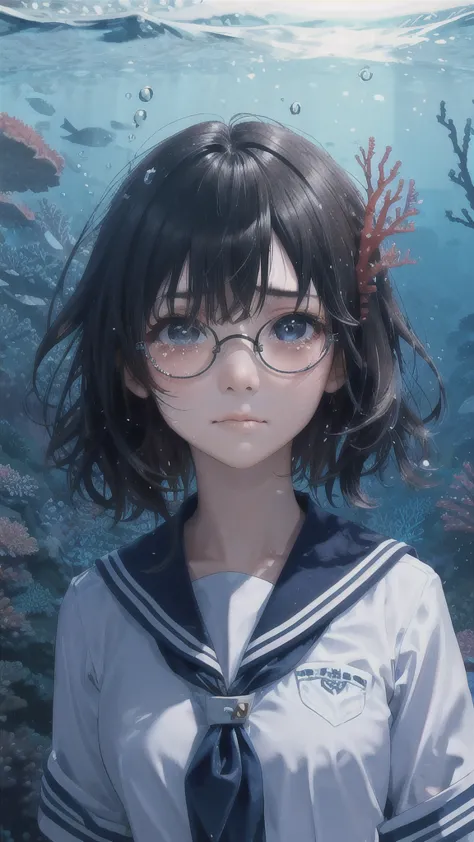 abyss-fc、deep sea、coral reef、light from the sea、bubble、one girl、uniform、tears、glasses、beautiful girl、close-up of face、highest qu...