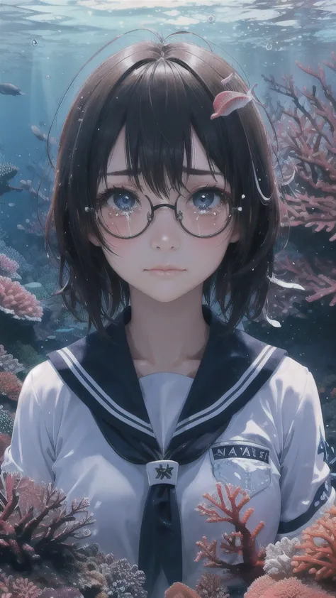 abyss-fc、deep sea、coral reef、light from the sea、bubble、one girl、uniform、tears、glasses、beautiful girl、close-up of face、upper body...