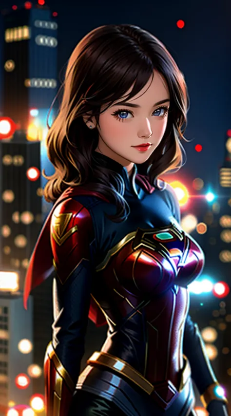 close-up of a woman in a superhero costume standing in the city, super chika, gal gadot as supergirl, super hero的身体, super hero女...