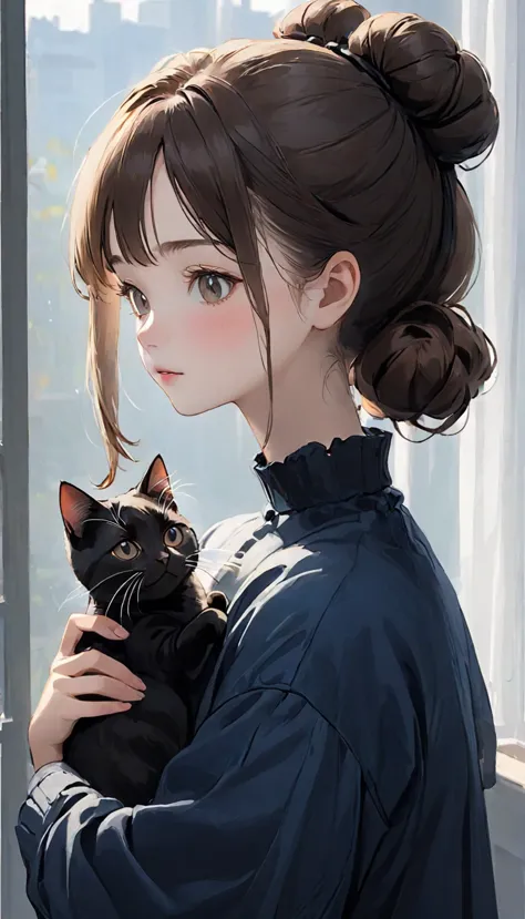 highest quality、black catを抱く女の子、cute 14 year old girl、bun hair with brown hair tied、black cat、natural look、long shot、natural lig...