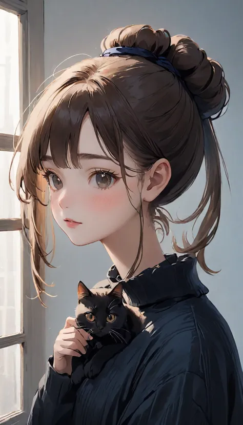 highest quality、black catを抱く女の子、cute 14 year old girl、bun hair with brown hair tied、black cat、natural look、long shot、natural lig...