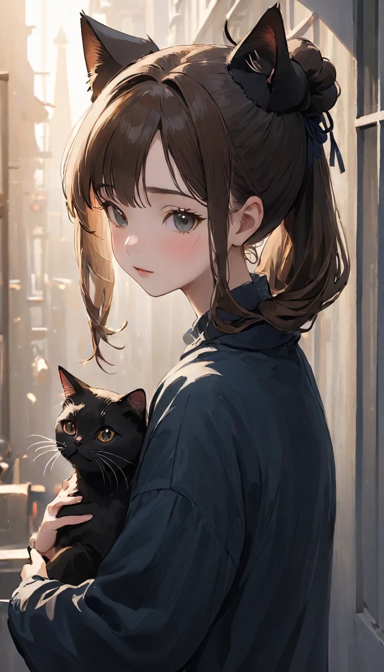 highest quality、Black catを抱く女の子、Cute 14 year old girl、Bun hair with brown hair tied、Black cat、Natural look、Long Shot、Natural light