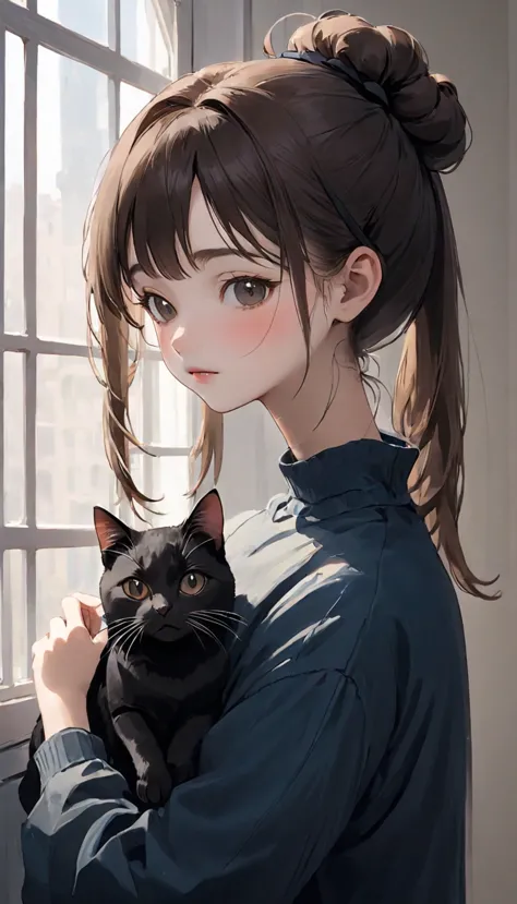 highest quality、black catを抱く女の子、cute 14 year old girl、bun hair with brown hair tied、black cat、natural look、long shot、natural lig...