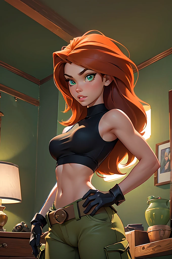 Masterpiece, raw, beautiful art, professional artist, 8k, very detailed face, very detailed hair, 1girl, Kim Possible, wearing (Orange-red hair, green eyes, confident expression, black crop top, black gloves, brown belt, green cargo pants:1.1), cameltoe, posing in her bedroom, perfectly drawn body, beautiful face, long hair, very detailed eyes, rosey cheeks, intricate details in eyes, puckered lips, perfect fit body, beautiful body, extremely detailed, intricate details, highly detailed, sharp focus, detailed skin, realistic skin texture, texture, detailed eyes, high resolution, kodak vision color, foto_\(ultra\), post-processing, maximum detail, roughness, real life, ultra realistic, photorealism, photography, absurdres, RAW photo, highest quality, high detail RAW color photo, professional photo, extremely detailed UHD 8k wallpaper unit, best quality, highres, (masterpiece, top quality, high resolution:1.4), photo, cinematic, film grain, sharp, soft natural light, magic photography, super detailed