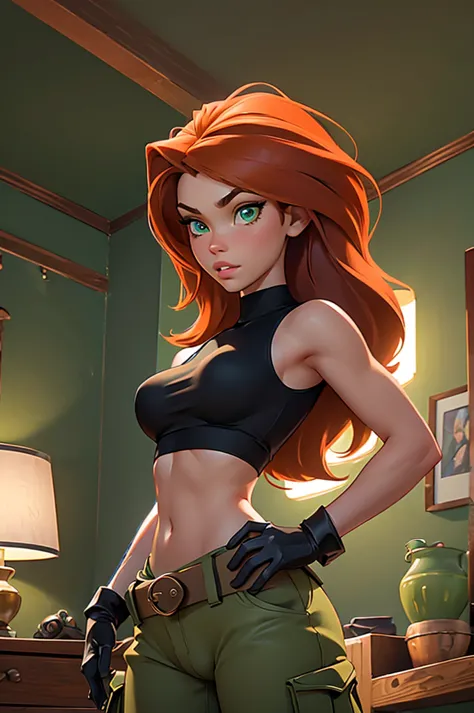 masterpiece, raw, beautiful art, professional artist, 8k, very detailed face, very detailed hair, 1girl, kim possible, wearing (...