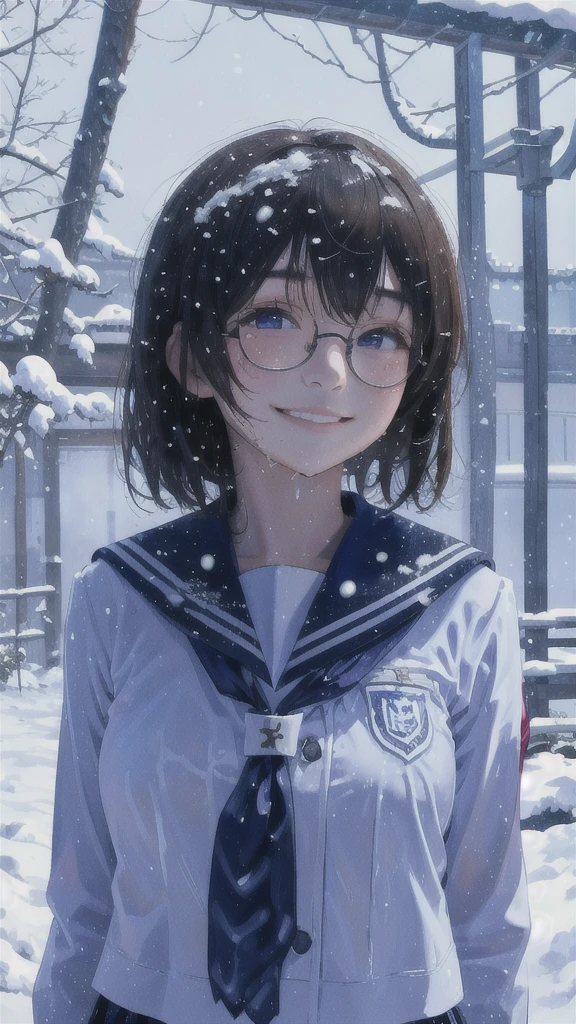 One girl、uniform、scenery、Glasses、A kind smile、Beautiful girl、Close-up of face、Look Up、Beautiful girl、Upper Body、solo、Wet Hair、Heavy snowfall