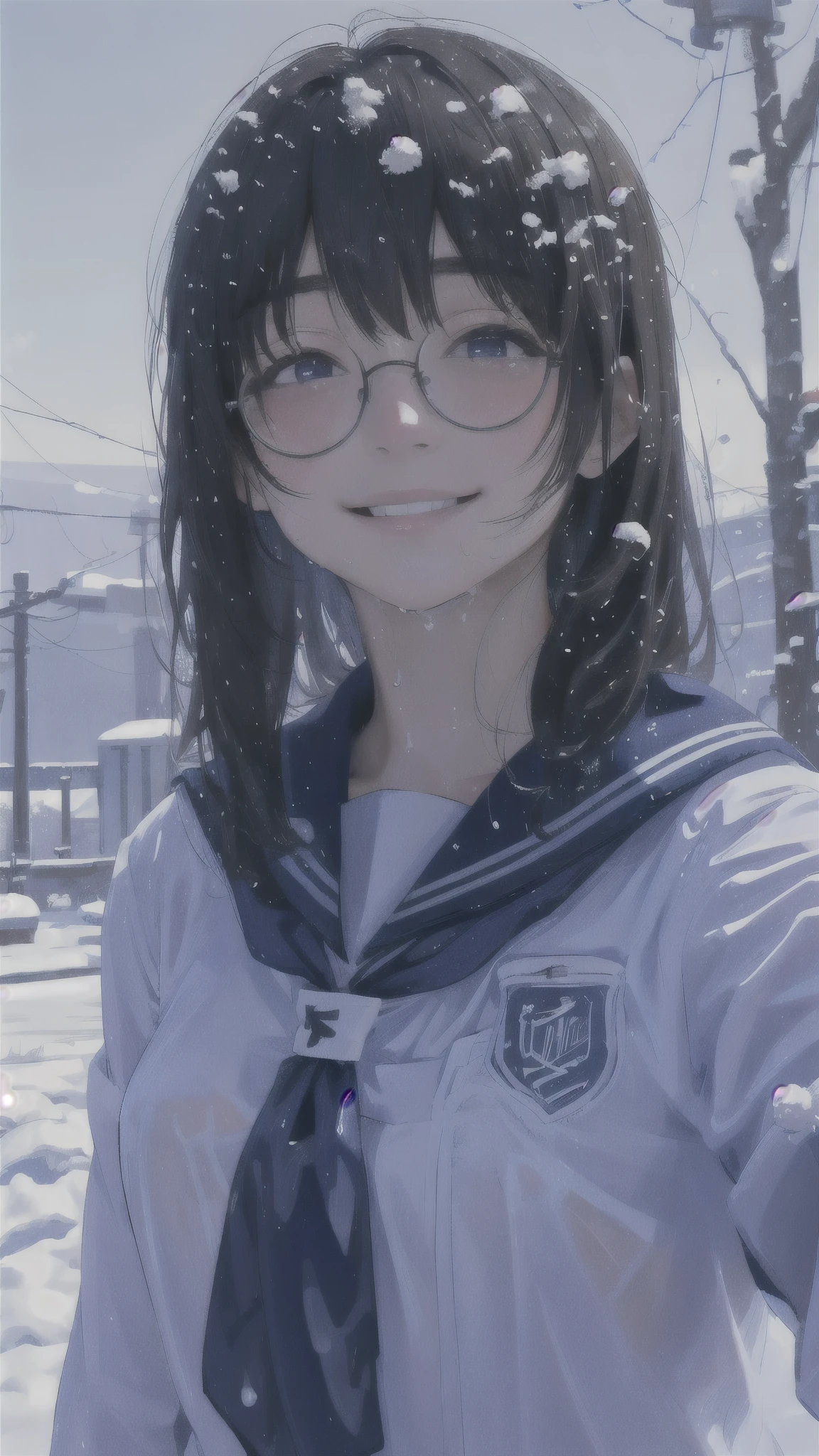 One girl、uniform、scenery、Glasses、A kind smile、Beautiful girl、Close-up of face、Look Up、Beautiful girl、Upper Body、solo、Wet Hair、snow