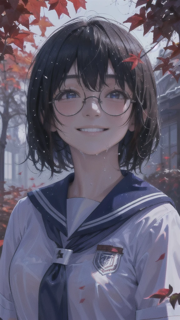 One girl、uniform、scenery、Glasses、A kind smile、Beautiful girl、Close-up of face、Look Up、Beautiful girl、Upper Body、solo、Wet Hair、Red autumn leaves fluttering