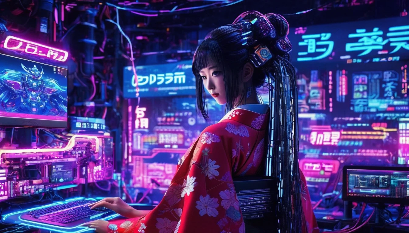 high tech, Futuristic, Only the scenery、No people、 (Realistic:1.4), Long hair made of cables, robot, In the background there are lots of computer cables, Ultra-high resolution, Ultra-high resolution, 8k, Neon Light, Japanese Culture, kimono, behind