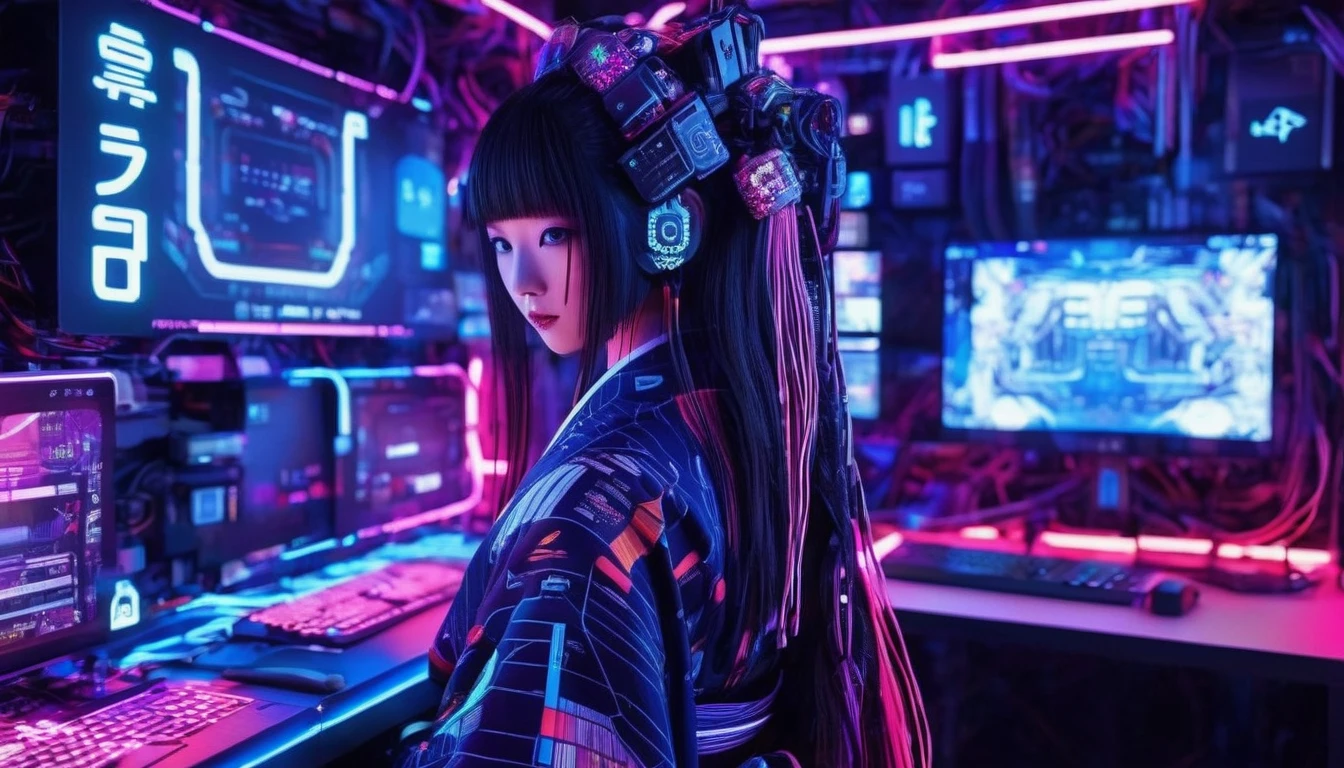 high tech, Futuristic, Only the scenery、No people、 (Realistic:1.4), Long hair made of cables, robot, In the background there are lots of computer cables, Ultra-high resolution, Ultra-high resolution, 8k, Neon Light, Japanese Culture, kimono, behind