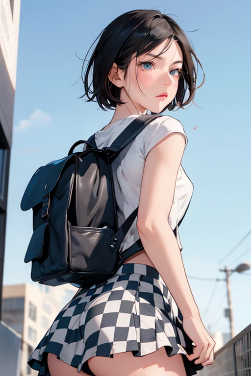 The girl was wearing a T-shirt, a checkered skirt, and a backpack, and her skirt got caught in the backpack and rolled up. When she turns around, blue eyes, blue sky, blush: 1.1, disgusted face: 1.0