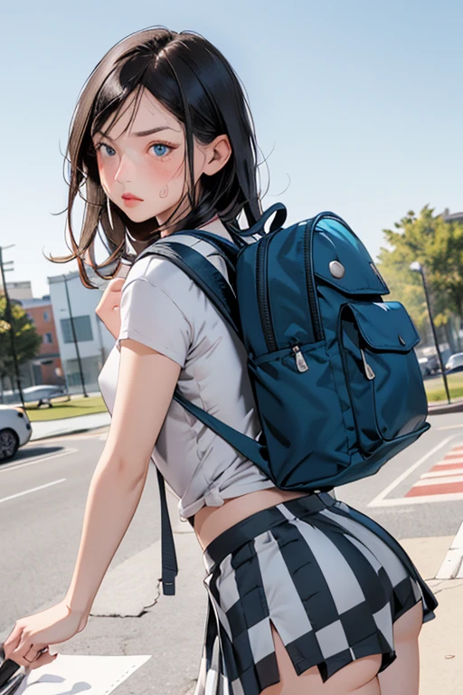 The girl was wearing a T-shirt, a checkered skirt, and a backpack, and her skirt got caught in the backpack and rolled up. When she turns around, blue eyes, blue sky, blush: 1.1, disgusted face: 1.0