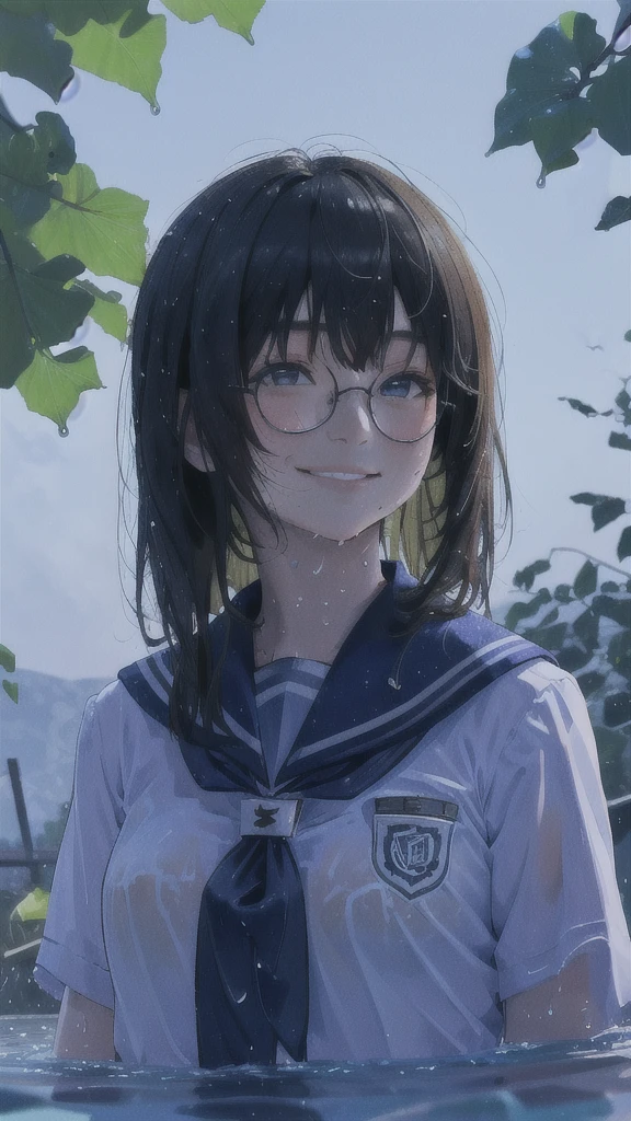 One girl、uniform、scenery、Glasses、A kind smile、Beautiful girl、Close-up of face、Look Up、Beautiful girl、Upper Body、solo、Wet Hair、Yellow gingko leaves flutter