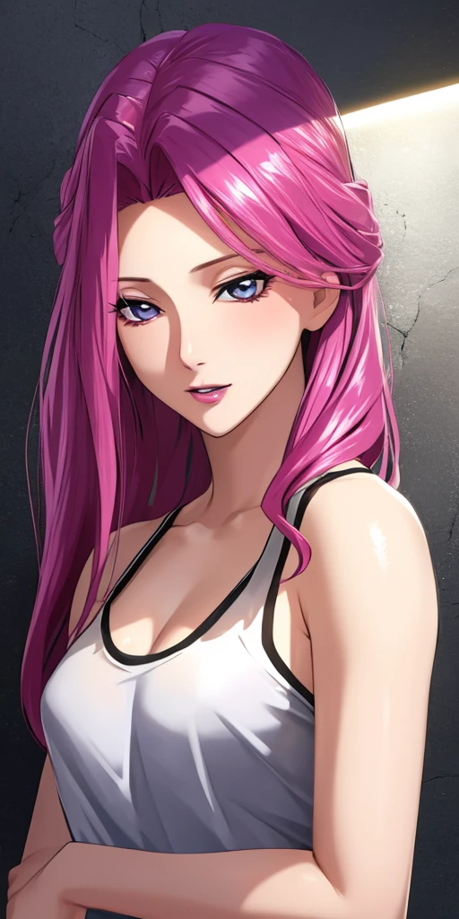 (((Photorealistic))),Human skin、masterpiece、32ｋ、Highest quality、Pink Hair、Are thin、Small breasts、Camisole、Solo, Mastepiece, Best Quality, A detailed face, Detailed eyes, High resolution,、Parted Hair、Clearly visible eyes、Beautiful forehead,Half-eye ecstasy face,See-through tank top、Light from the front、Upper Body Shot
