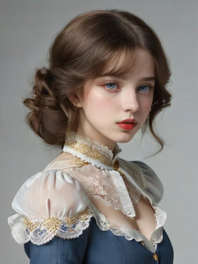 fou_portrait, 2girls, 18 years old, Europeans, brune boy's haircut, massive puffy breast, simple plastron blouse, grey, red, blue, and gold theme, white ruffle and detail collar lace, thin waist, intricate details, porcelain skin, beautiful eyes, detailed lips, high quality, realistic, photorealistic, 8k, masterpiece, ultra-detailed, physically-based rendering, vivid colors, studio lighting, sharp focus , a prominent (wide hips:1.3)Tresse, 