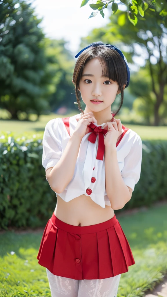 ((Cute Girl Pictures、Aoi Yuki、The face is in focus and the background is blurred))、((A white shirt with red buttons fastened、Blue bra is visible))、((Lifting up her red miniskirt with both hands、Showing off her cute white underwear、Cute white underwear with ribbon))、(barefoot)、(Fresh green grove, grassland and stream、early morning)