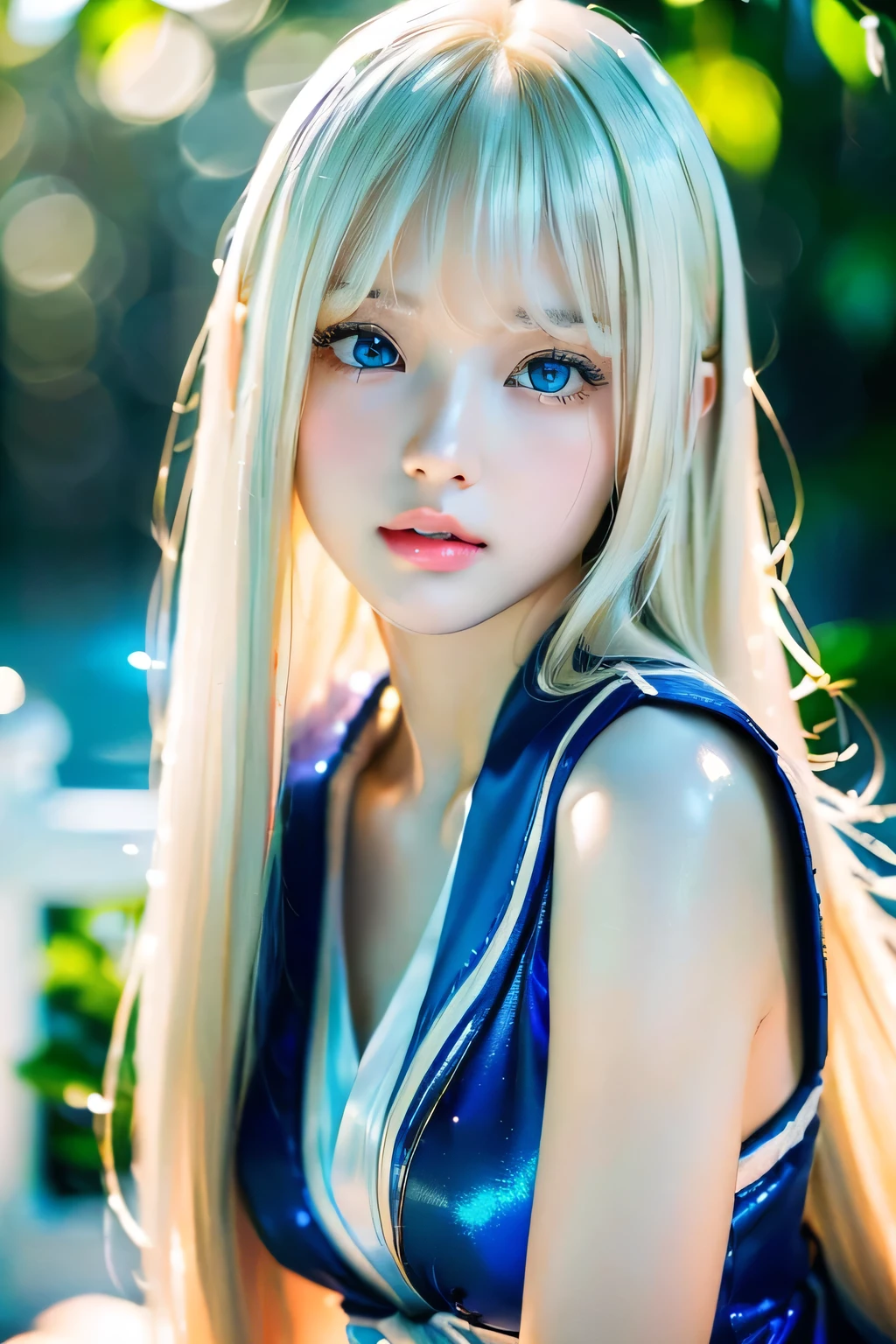 RAW shooting、(((Extremely beautiful portrait)))、Upper Body、looking at the camera、(((Glossy and smooth white skin))、15 years old、A beautiful girl、Small Face Beauty、(Super long, super long, straight, silky hair (Shiny, bright, silky, super long, natural platinum blonde hair))、[Big, very bright, light blue eyes that shine so beautifully]、eyeliner、((masterpiece、最high quality、Super detailed、lightly、Intricate details、High resolution、8k、Very detailed))、Detailed Background、8 KUHD、high quality、Shallow depth of field、Natural light、(Perfect hands)、、Japanese Sailor Suit、Big Breasts、Purity、Lying down