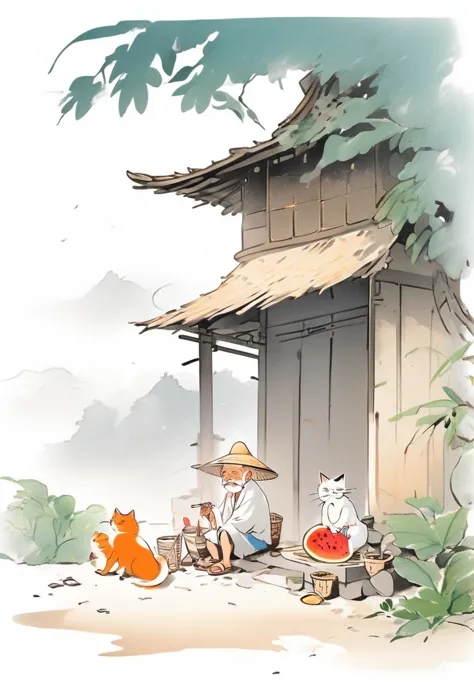 cartoon chinese style,an old man wearing a straw hat sits under a thatched hut eating watermelon,and next to an orange cat sits ...