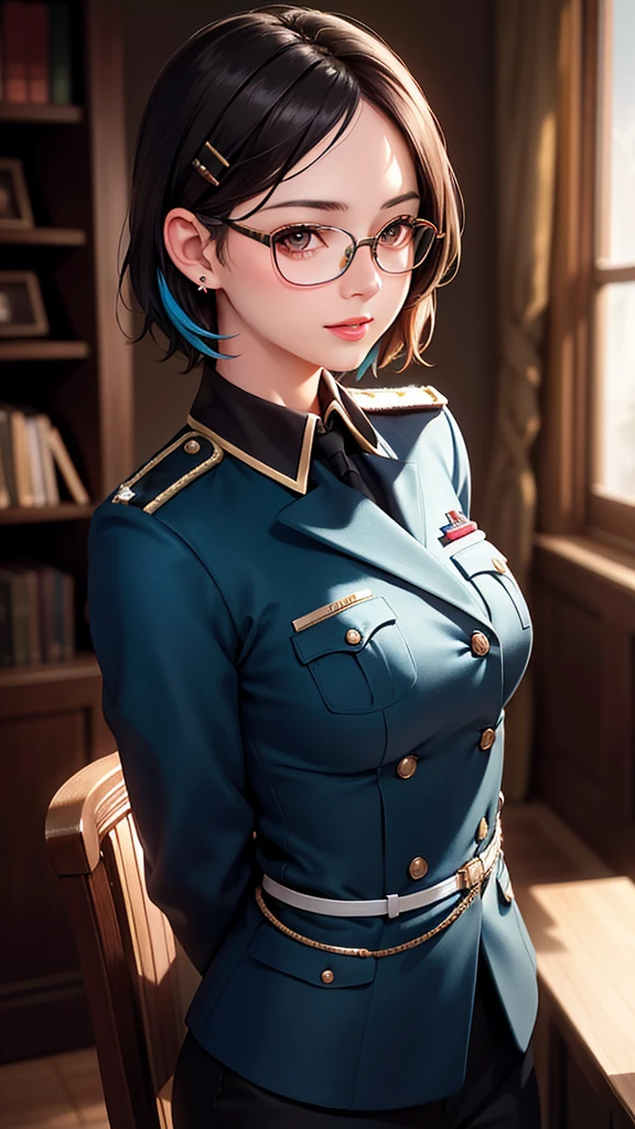 Beautiful young girl with blue short hair, A light smile, Brown eyes, hair clips, lips, Stud earrings, Semi-rimless eyewear, , Big butt but small breasts, (Highest quality,4K,8K,High resolution,masterpiece:1.2),Very detailed,(Realistic,photoRealistic,photo-Realistic:1.37),Very detailed顔, Very detailed目と顔, Long eyelashes, Beautiful attention to detail, beautiful detailed lips, Concept Art, Cinema Lighting, Vibrant colors, a beautiful girl in military uniform,short wavy hair,glasses,busty,detailed face,beautiful eyes,beautiful lips,highly detailed,photorealistic,8K,masterpiece,studio lighting,dynamic pose,intricate details,dramatic lighting,cinematic atmosphere,vibrant colors,elegant,powerful,confident((Women's military uniform、Formal wear))