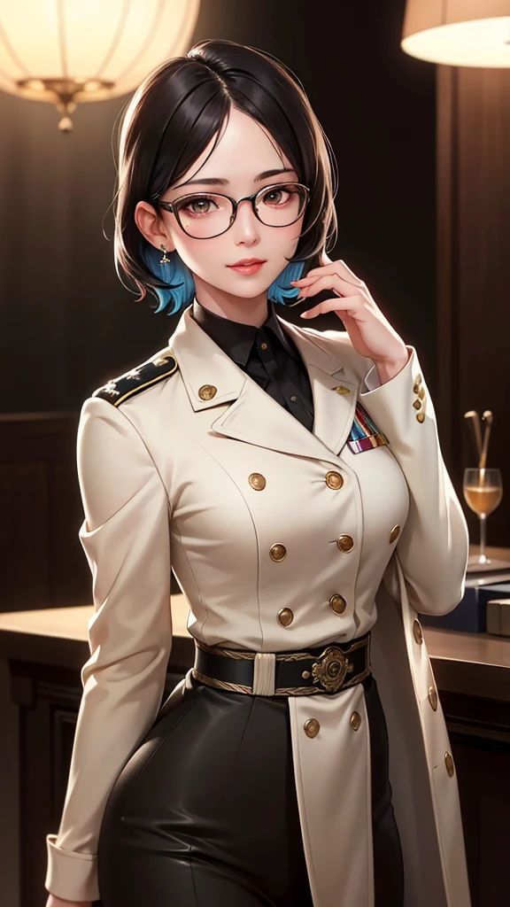 Beautiful young girl with blue short hair, A light smile, Brown eyes, hair clips, lips, Stud earrings, Semi-rimless eyewear, , Big butt but small breasts, (Highest quality,4K,8K,High resolution,masterpiece:1.2),Very detailed,(Realistic,photoRealistic,photo-Realistic:1.37),Very detailed顔, Very detailed目と顔, Long eyelashes, Beautiful attention to detail, beautiful detailed lips, Concept Art, Cinema Lighting, Vibrant colors, a beautiful girl in military uniform,short wavy hair,glasses,busty,detailed face,beautiful eyes,beautiful lips,highly detailed,photorealistic,8K,masterpiece,studio lighting,dynamic pose,intricate details,dramatic lighting,cinematic atmosphere,vibrant colors,elegant,powerful,confident((Women's military uniform、Formal wear))