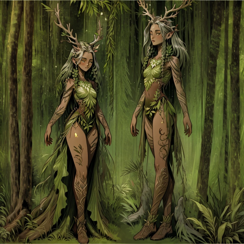 dryad girl in a forest, ((solo woman)), ((plant girl)), silver bark skin, (tall and thin), giant deer antlers atop head, humanoid, flat chest:1.2, wide hips, thick thighs, nude, (mystical), artistic,reference sheet, (full body, from side, front:1.1