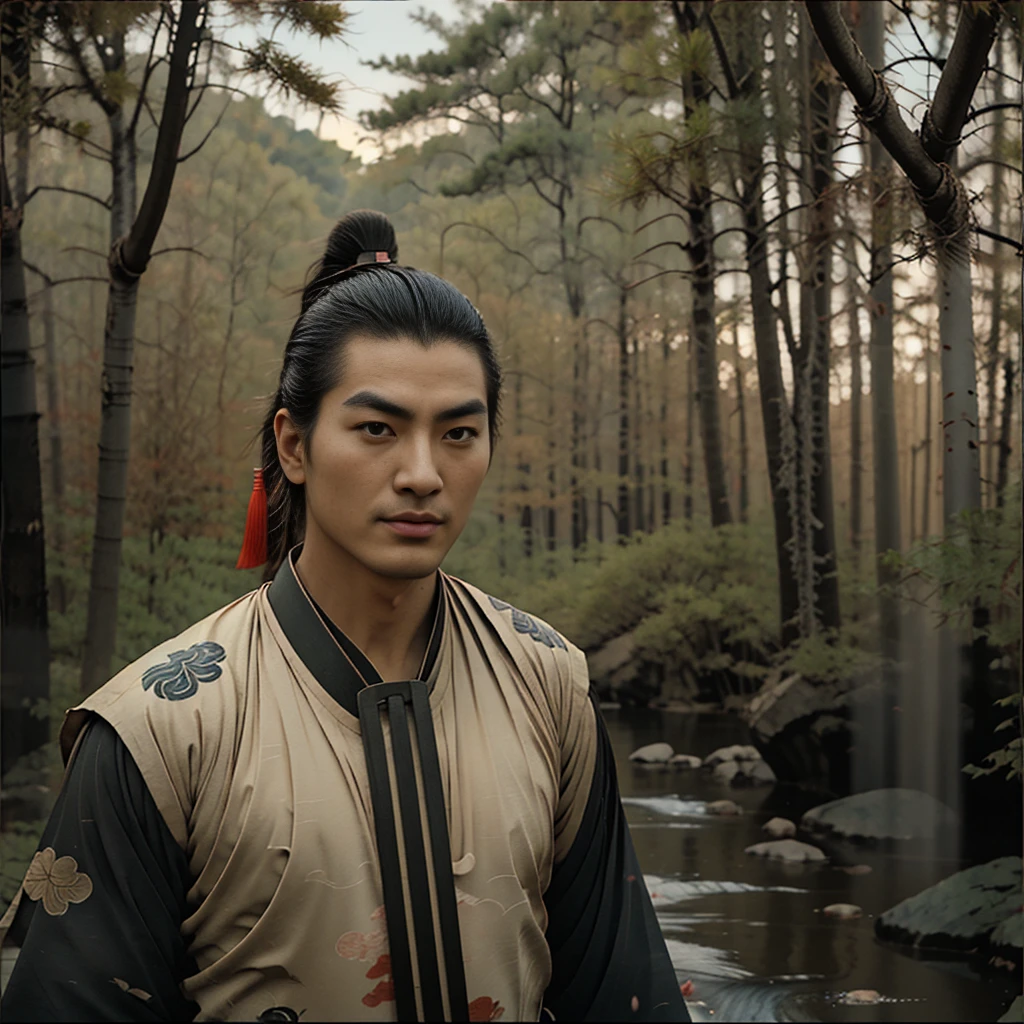 A period Chinese movie actor with his hair in a traditional Chinese style, his hair pulled back, his handsome face proportional, with big eyes, beautiful eyebrows, and a prominent nose stood naked in the forest by a stream on a beautiful sunny day.