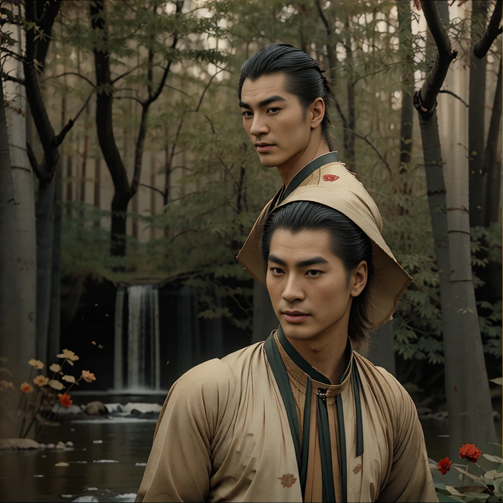 A period Chinese movie actor with his hair in a traditional Chinese style, his hair pulled back, his handsome face proportional, with big eyes, beautiful eyebrows, and a prominent nose stood naked in the forest by a stream on a beautiful sunny day.