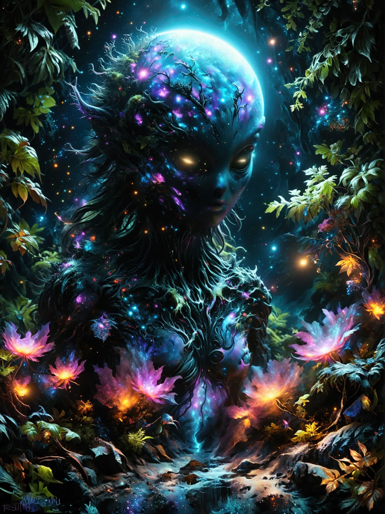 （best quality，8k，high resolution，masterpiece：1.2），super detailed，alien forest，harsh environment，(((night，恐怖的外星night，black light ...