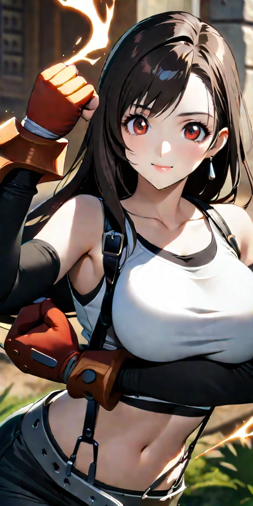 (((((tifa lockhart,Final Fantasy 7:1.5))))),((Highest quality、masterpiece、anime style、best quality、high resolution、8k、detailed、ultra-detailed:1.3))、Long legs:1.2, Beautiful woman with perfect figure:1.4、(Smiling:1.2), double eyelid、30-year-old female、((((One Woman,beautiful face,Beautiful face、Outdoor,upper body:1.5)))),Big Breasts、High resolution, accurate, Anatomically correct, High-resolution model, high quality, Very detailed, Ultra high definition、Black Hair、Straight Hair、Long Hair,Red open finger gloves,(Uplifting、action、contrapposto pose、dynamic、dynamicポーズ、dynamic motion:1.5)、(((((speed lines、action lines,movement,dynamism:1.0)))))