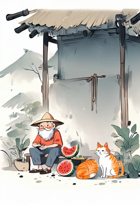 cartoon chinese style,an old man wearing a straw hat sits under a thatched hut eating watermelon,and next to an orange cat sits ...