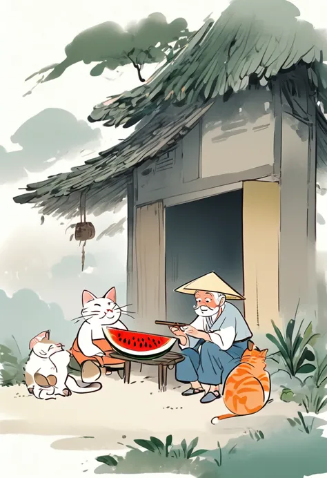 cartoon chinese style,an old man wearing a straw hat sits under a thatched hut eating watermelon,and next to an orange cat sits ...