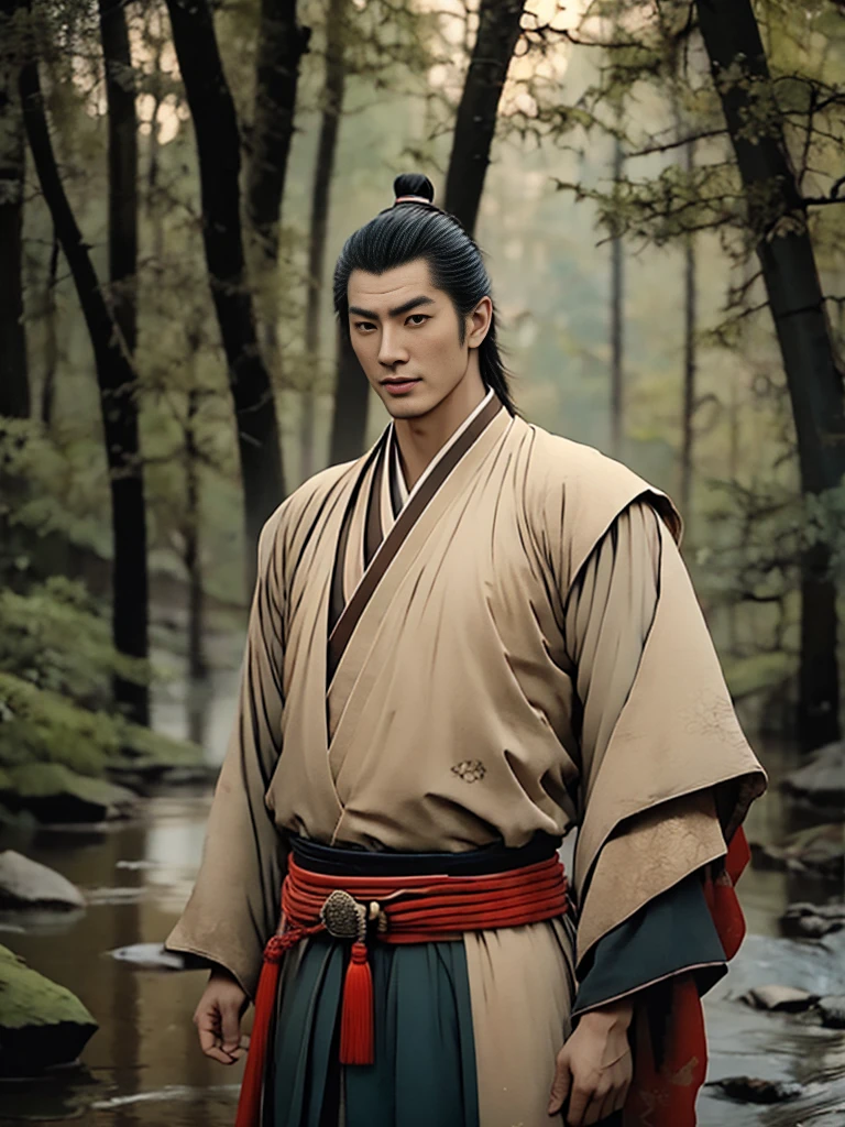 A period Chinese movie actor with his hair in a traditional Chinese style, his hair pulled back, his handsome face proportional, with big eyes, beautiful eyebrows, and a prominent nose standing with a naked body in the forest by a stream on a beautiful sunny day.