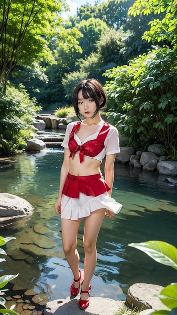 ((Cute Girl Pictures、Aoi Yuki、The face is in focus and the background is blurred))、((A soaking wet white shirt with red buttons、The blue bra is slightly transparent))、((Red he lifts her miniskirt with both hands to show off her cute white underwear.、Cute white underwear with ribbon))、(Bare legs and leather shoes)、(Fresh green bamboo forest, grassland and stream、early morning)